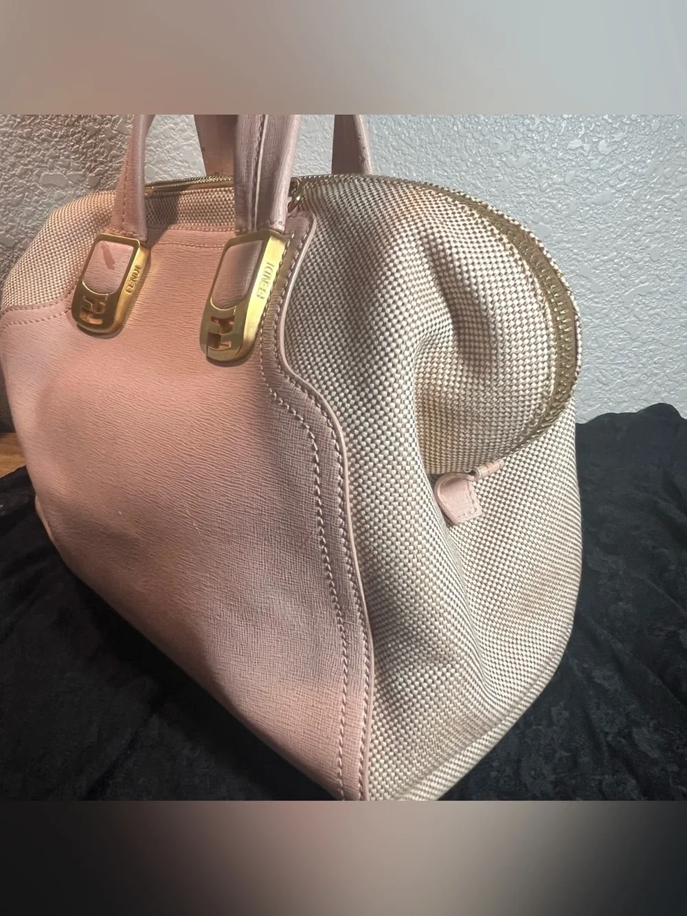 Fendi Chameleon Large Tote Bag 8BL114 Pink Leather Beige Canvas 2-Way Satchel